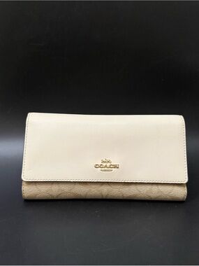 COACH Chalk/ Khaki Coated Signature Canvas Slim Trifold Wallet